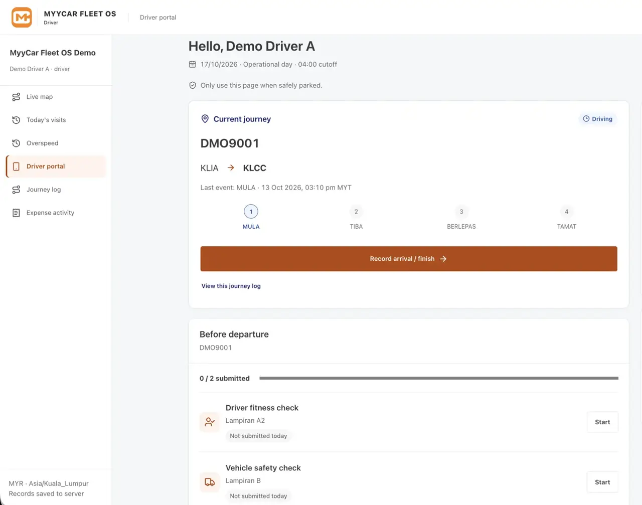 Driver portal on the phone: current journey, pre-trip checks