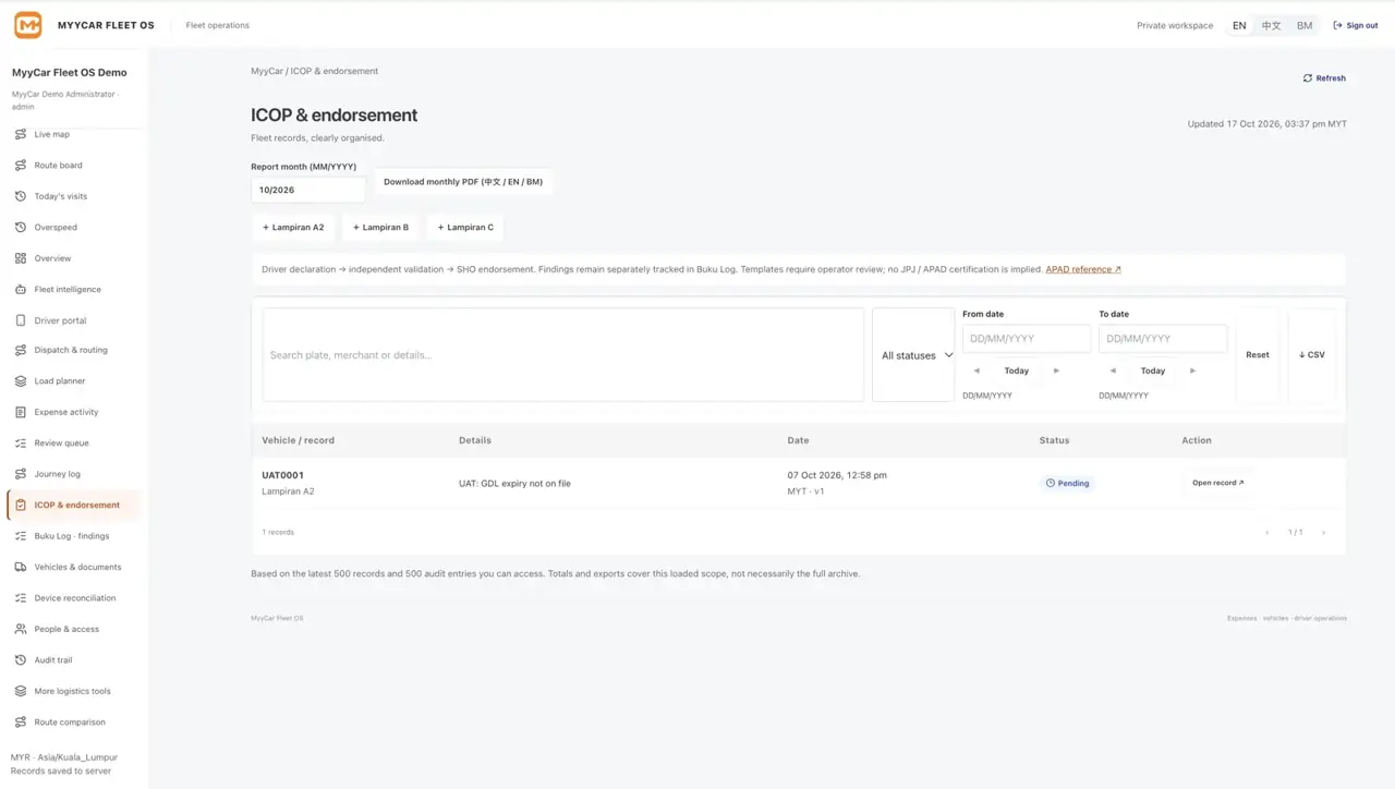 ICOP and endorsement page with monthly PDF download